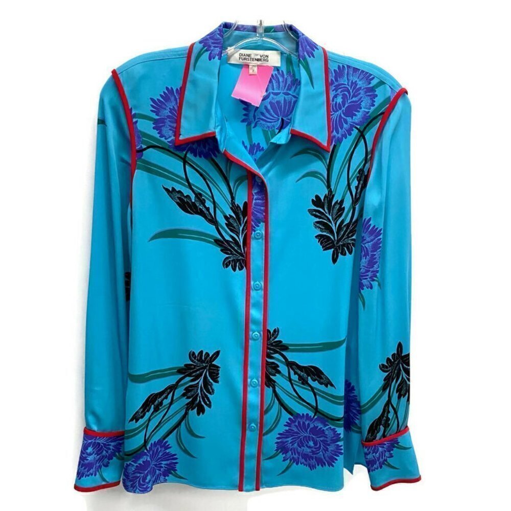 Diane Von Furstenberg Blue w/Red Trim Silk Blouse